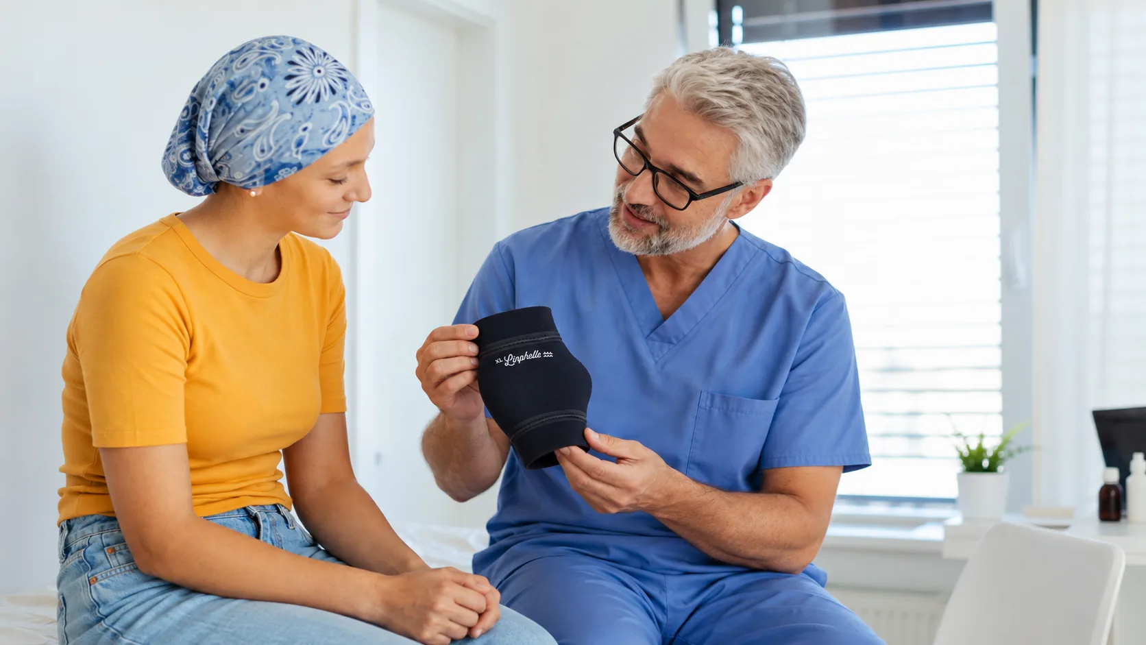 Medico che presenta Coverpicc Waterproof a una paziente